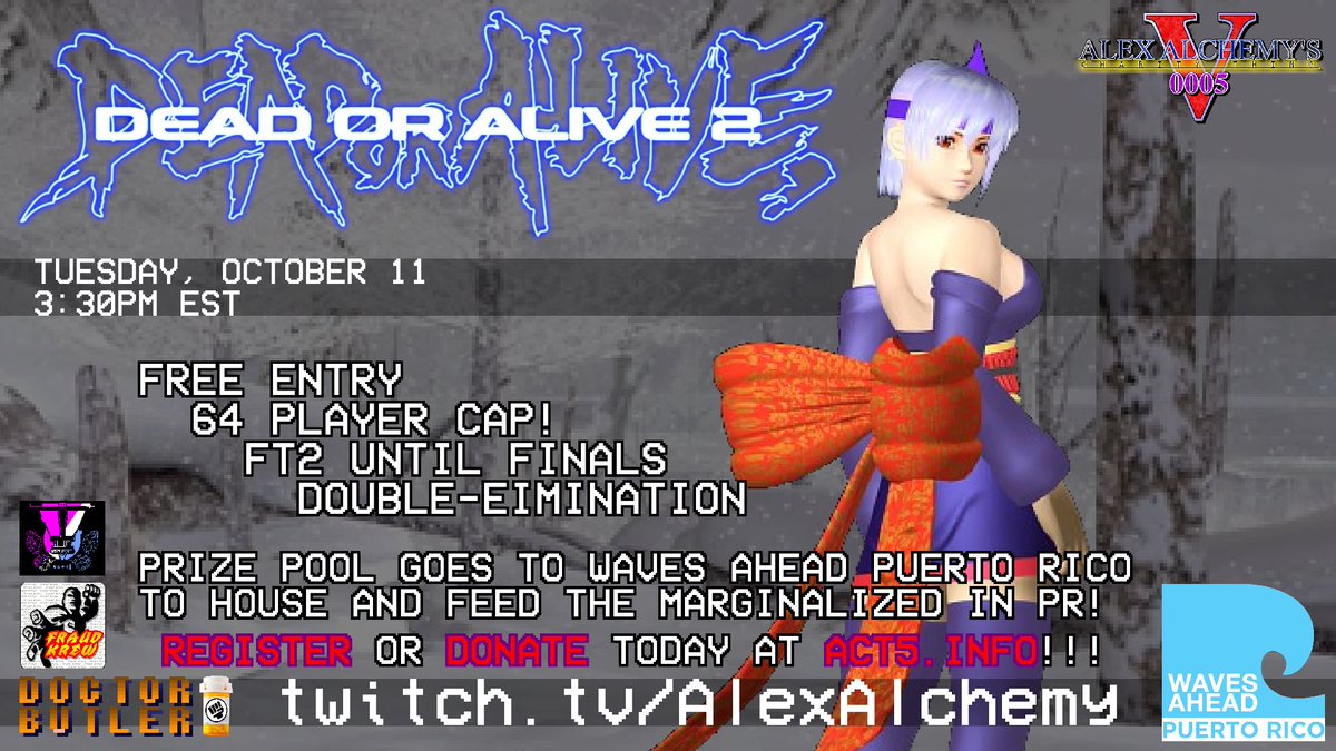 ButlersRevenge's tweet photo. Watch the worlds first #SonicAdventure2 supermajor, #SamSho5SP - #SFEX3 & #XMen vs #StreetFighter (featuring guest commentator @nycfurby) -and #DeadorAlive 2 Next Week, only at #ACT5
Register & Donate today at https://t.co/o9tY3MtNIT - @WavesAheadPR
➡️⬇️↘️➕🏳️🌈 ⬇️↘️➡️➕🇵🇷 https://t.co/OxaUesAbNa