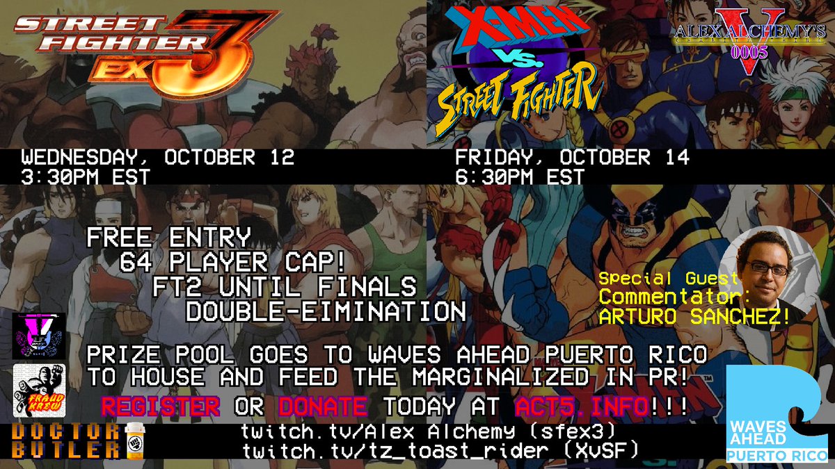 ButlersRevenge's tweet photo. Watch the worlds first #SonicAdventure2 supermajor, #SamSho5SP - #SFEX3 & #XMen vs #StreetFighter (featuring guest commentator @nycfurby) -and #DeadorAlive 2 Next Week, only at #ACT5
Register & Donate today at https://t.co/o9tY3MtNIT - @WavesAheadPR
➡️⬇️↘️➕🏳️🌈 ⬇️↘️➡️➕🇵🇷 https://t.co/OxaUesAbNa