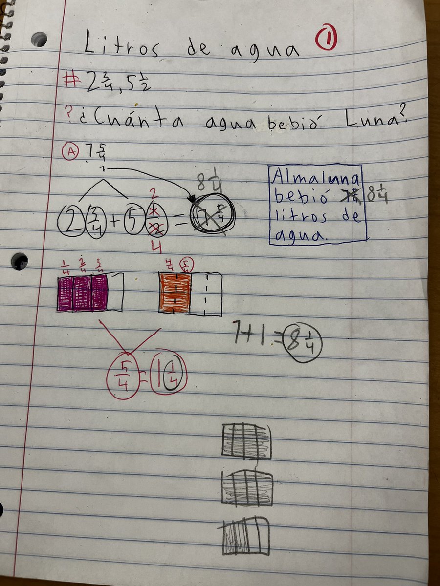 Todays mathematical 🤔!! Number story was Luna drank ___liters of water during robotics and ___liters on her way to Folklorico. How much water did Luna drink? Look at some of their thinking @UCLAMathProject @Euclid_Panthers