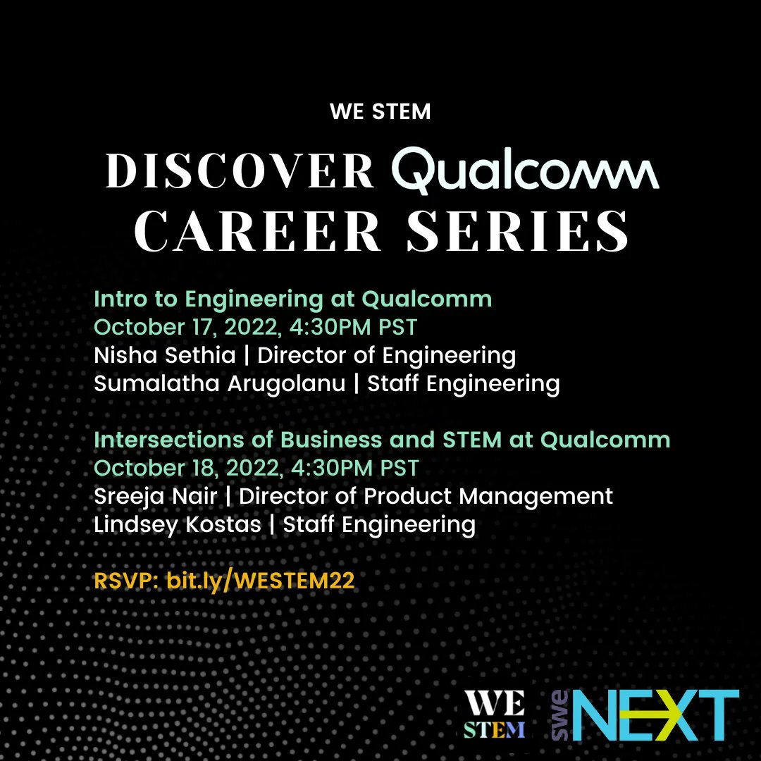SDEngineers's tweet photo. Students interested in wireless technology are invited to two virtual sessions on Oct 17 and Oct 18th to hear from #Qualcomm Engineers about their career paths and experiences. Events start at 4:30 pm PST and is hosted by the WE STEM #SWEnext club. RSVP at https://t.co/6iCsSxgbc7 https://t.co/gzb6spnqUf