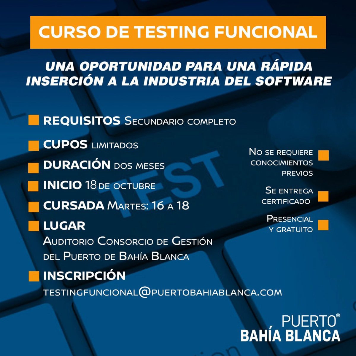 ptobahiablanca's tweet photo. 📣 ¡Buenas noticias!

Lanzamos un curso de #TestingFuncional para aportar herramientas de rápida inserción laboral en el área del software 🖥️

✏️ La cursada será semanal en el auditorio del puerto durante dos meses.

Los cupos son limitados ¡No te pierdas esta oportunidad! https://t.co/juUKjtXG9a