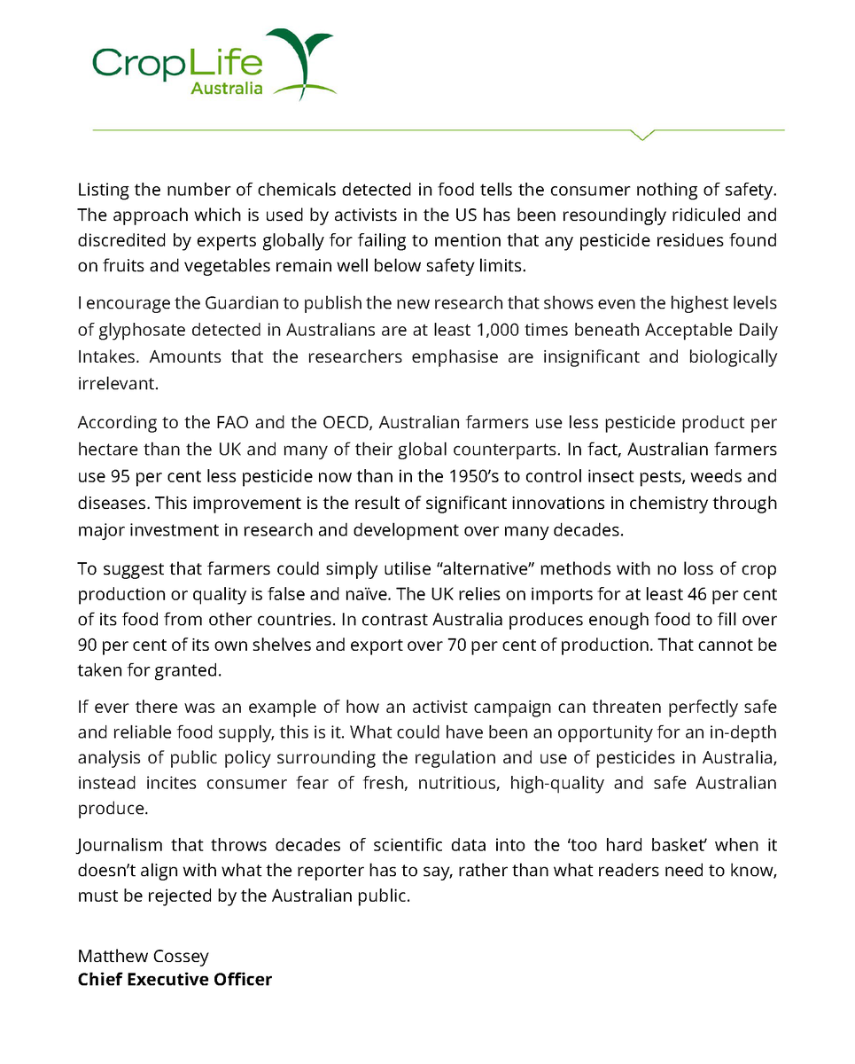 CropLife Australia (@croplifeoz) on Twitter photo The <a href="/GuardianAus/">Guardian Australia</a> refuses to publish information that allows a correct and more balanced view on pesticides. It’s the third separate occasion that they have done so. Disappointing double standards for a publication that believes in information equality. So here it is.
#agchatoz The <a href="/GuardianAus/">Guardian Australia</a> refuses to publish information that allows a correct and more balanced view on pesticides. It’s the third separate occasion that they have done so. Disappointing double standards for a publication that believes in information equality. So here it is.
#agchatoz