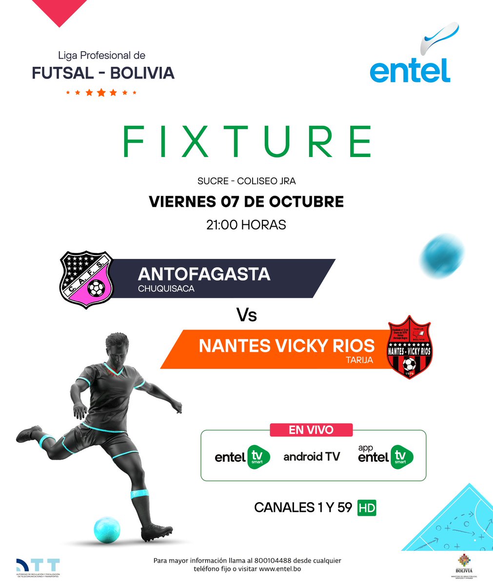 entelbo's tweet photo. 🥳 Vive la emoción de la Liga Profesional de Futsal Bolivia por Entel TV ⚽
🙌 Viernes 7 de octubre
🏃🏻♂️ Antofagasta vs Nantes Vicky Ríos.
🥅 21:00 Hrs.
🤳🏻Síguelo por los canales 1 y 59 de Entel Tv Smart y la App Entel TV Smart.
#EntelBolivia
#EntelTvSmart
#FutsalBolivia https://t.co/ngXB6srO1B