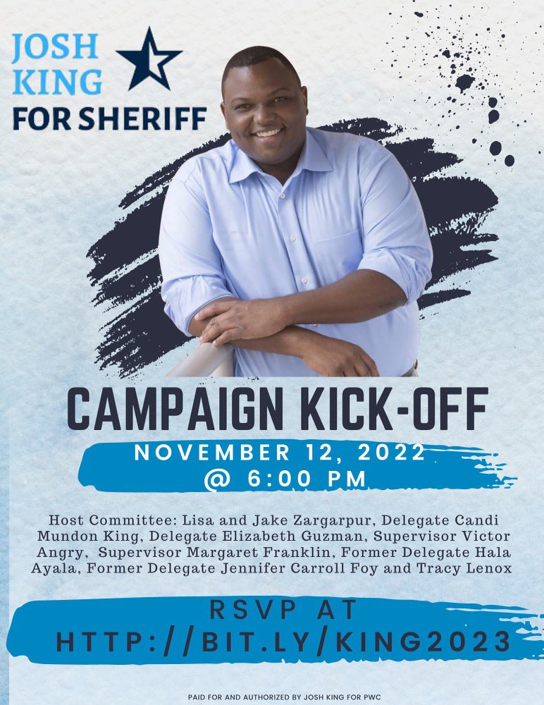 joshkingPWC's tweet photo. Ready to put my 20 years of law enforcement experience to work for all residents of PWC. Join us for my campaign kick-off! Many thanks to my phenomenal host committee. https://t.co/qSWcSG93kz https://t.co/MTEvFlHmTI