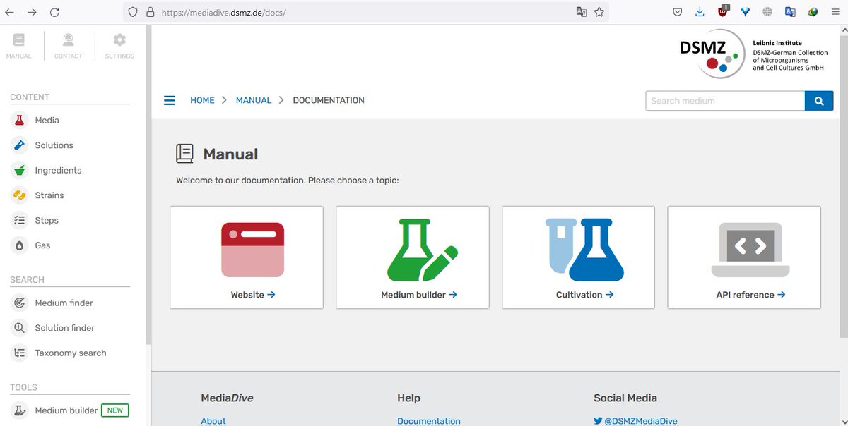 A helpful database from <a href="/Leibniz_DSMZ_en/">Leibniz-Institut DSMZ</a>. After the BacDive, they released MediaDive, a list of media used in their culture collection. Find more on dx.doi.org/10.1093/nar/gk… or mediadive.dsmz.de