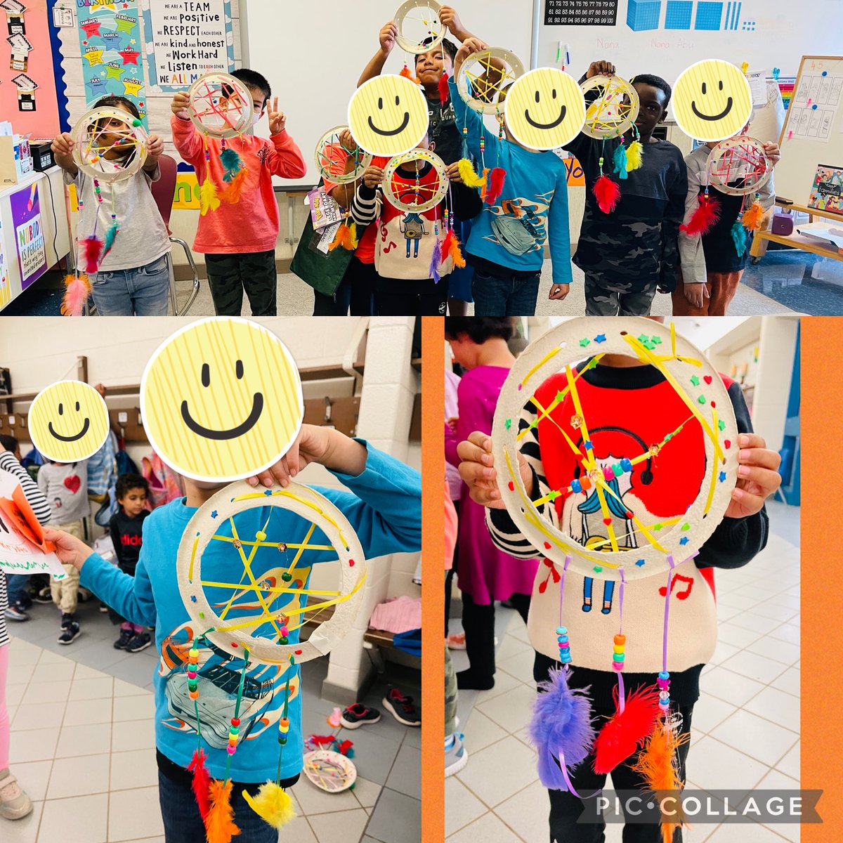 ⁦<a href="/WilfridJuryPS/">Wilfrid Jury PS</a>⁩ Grade 2s response to the literature read on Orange Shirt Day last week.  They did an amazing job creating these beautiful Dreamcatchers using paper plates, beads and feathers.