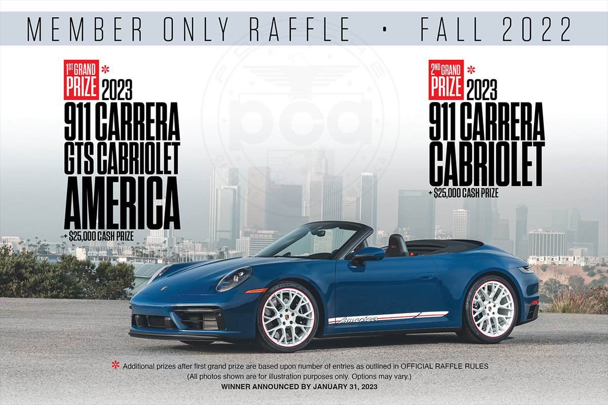PCANational's tweet photo. Enter the Fall Member Only Raffle for a chance to win a #Porsche 911 Carrera GTS Cabriolet America (+$25,000) as the first grand prize, or a 911 Carrera Cabriolet (+$25,000) as subsequent grand prizes depending on number of entries: https://t.co/ob2Yodsn2U #PorscheClubOfAmerica https://t.co/DiUAaB6E4A