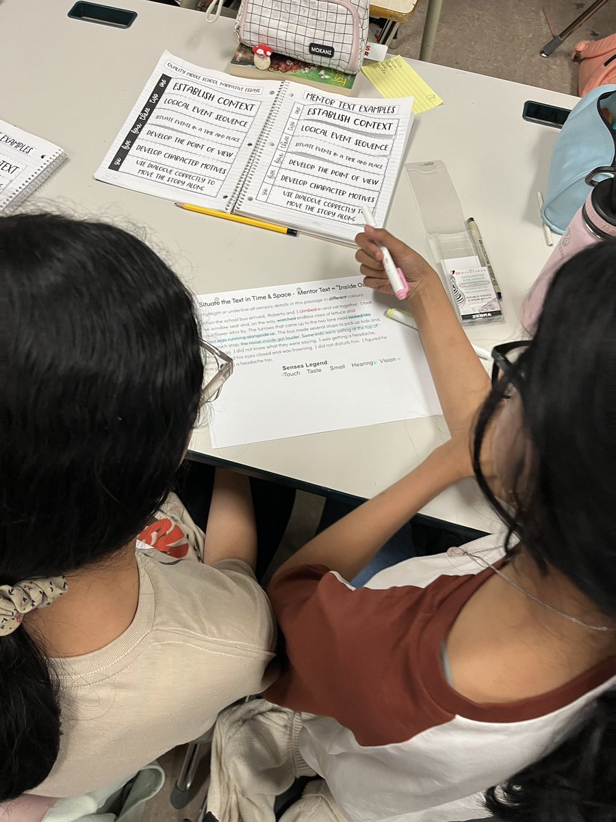 Gr 6’s examining a mentor text to find sensory details. Students highlighted the 5 different senses they found in the text. By close reading and annotating, students gained a richer understanding and appreciation for the text! @prairieskycbe #WeAreCBE