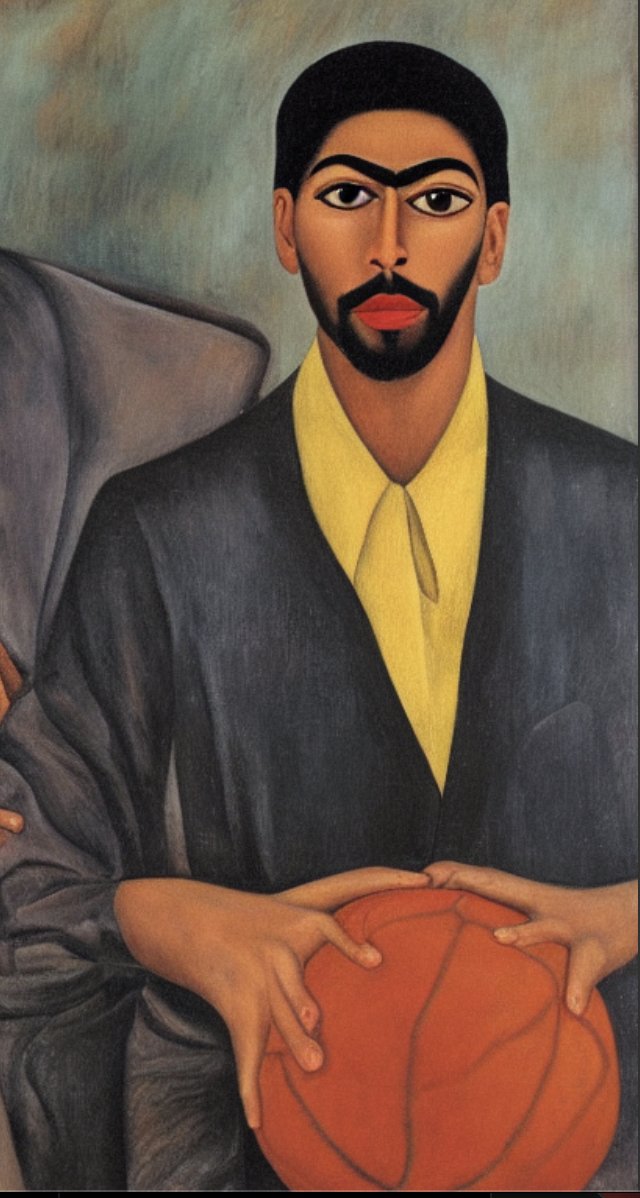 Anthony Davis by Frida Kahlo #stablediffusion (got both the unibrow right and that he is in street clothes, probably because of an injury, amazeballs)