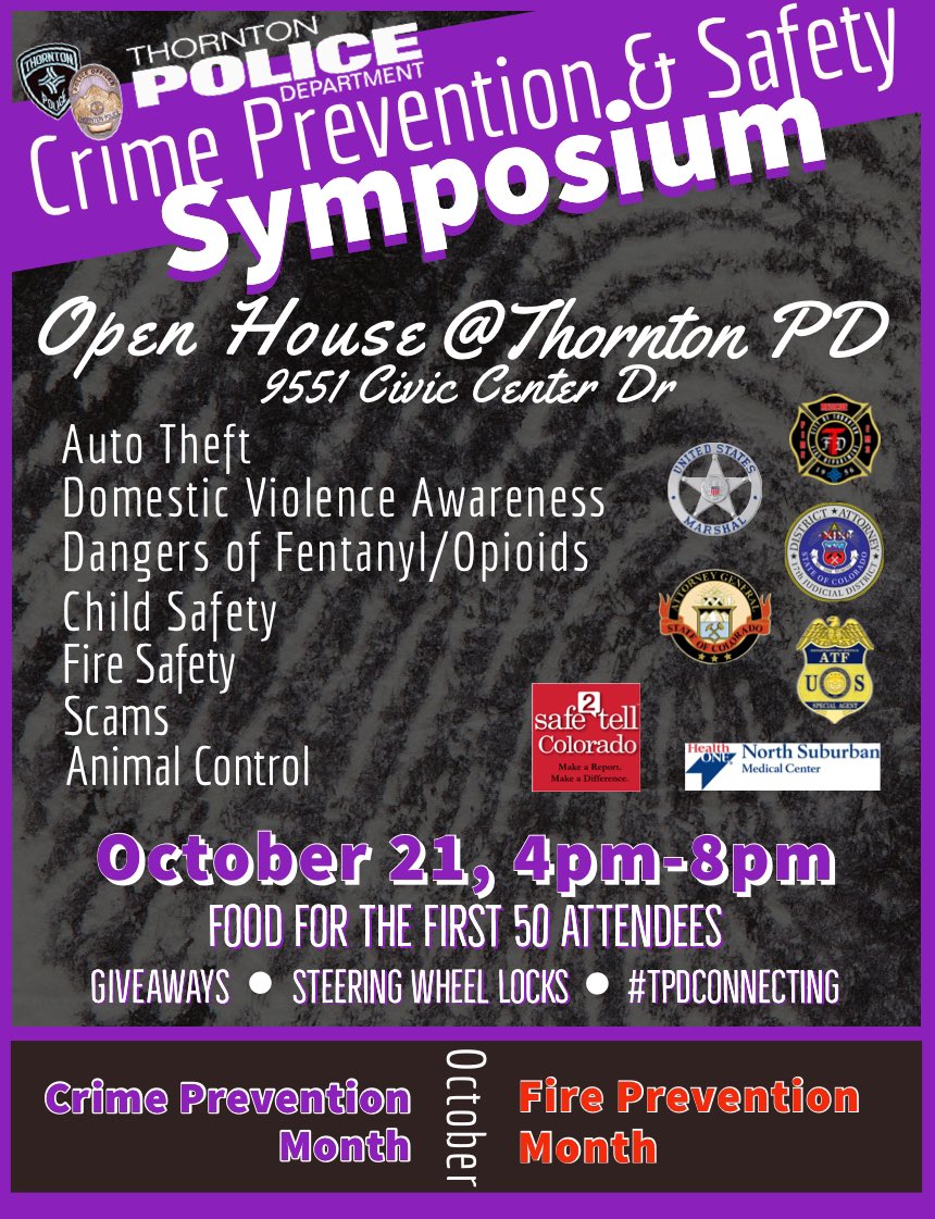 ThorntonPolice's tweet image. Make sure to come to this FREE event! Dinner provided for the first 50 in the door, giveaways, steering wheel locks, resources, &amp;amp; more!  The Thornton PD Crime Prevention &amp;amp; Safety Symposium is a great way to learn crime trends, get resources &amp;amp; apply tips to stay safe…1/2