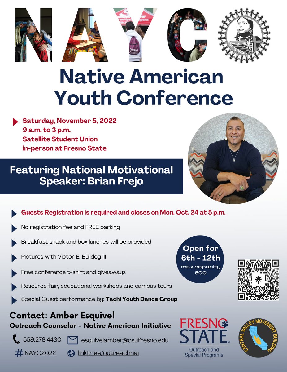 📢 2022 Native American Youth Conference! Guest Registration is required and will be open until Mon. Oct. 24 at 5 p.m. or until tickets are sold out. All students must have a chaperone, parent or guardian with them throughout the timing of the conference.