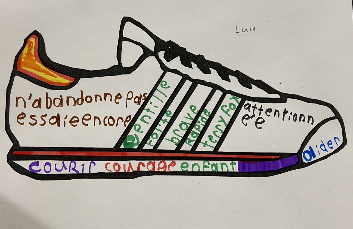 MmeHorowitz's tweet photo. Today was our day to #RunWalkandRoll for Terry Fox @RSP_HDSB The Grade 2FI class made inspiring shoes with words that represent what they feel and what we can all learn from Terry Fox: Courage, strength, never give up, be caring, help someone, be brave, try again and again. https://t.co/cOwWfMdvk2