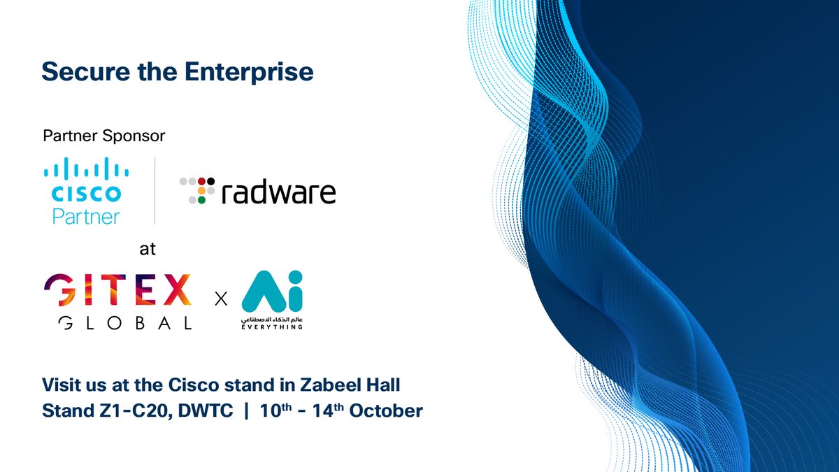 radware's tweet photo. Radware and #CiscoMiddleEast are proud to partner in helping companies protect their applications and the networks that deliver them. Join us at #GITEX_GLOBAL, Oct. 10-14, DWTC. Register now and visit us in Cisco’s booth #Z1-C20: https://t.co/Z9jDhZr6ro  #GitexGlobal  #CiscoUAE https://t.co/gQsWrxnuvV