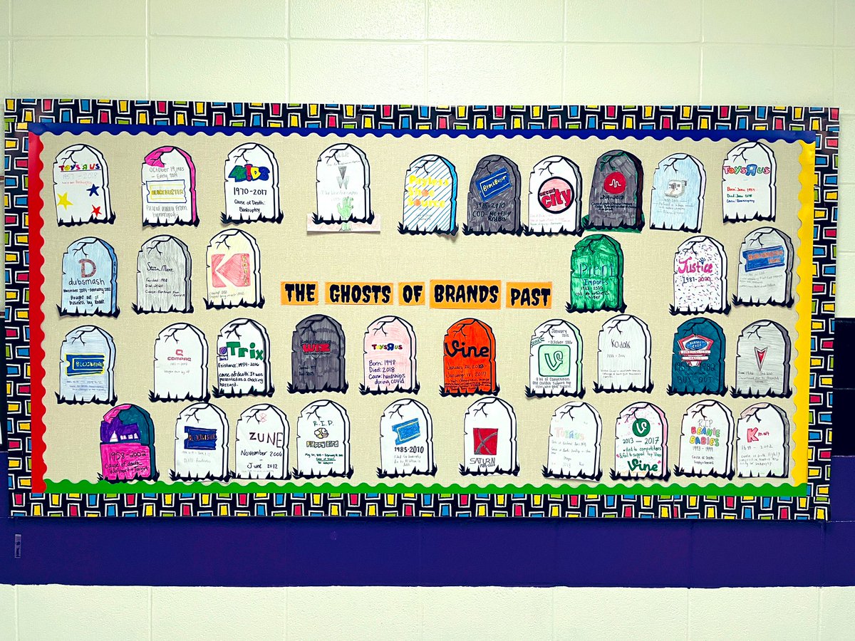 MrsH_Pierre's tweet photo. New bulletin board - the GHOSTS of brand past. Students researched several “deceased” brands and determine their “cause of death”. https://t.co/fR7HWT7hOs