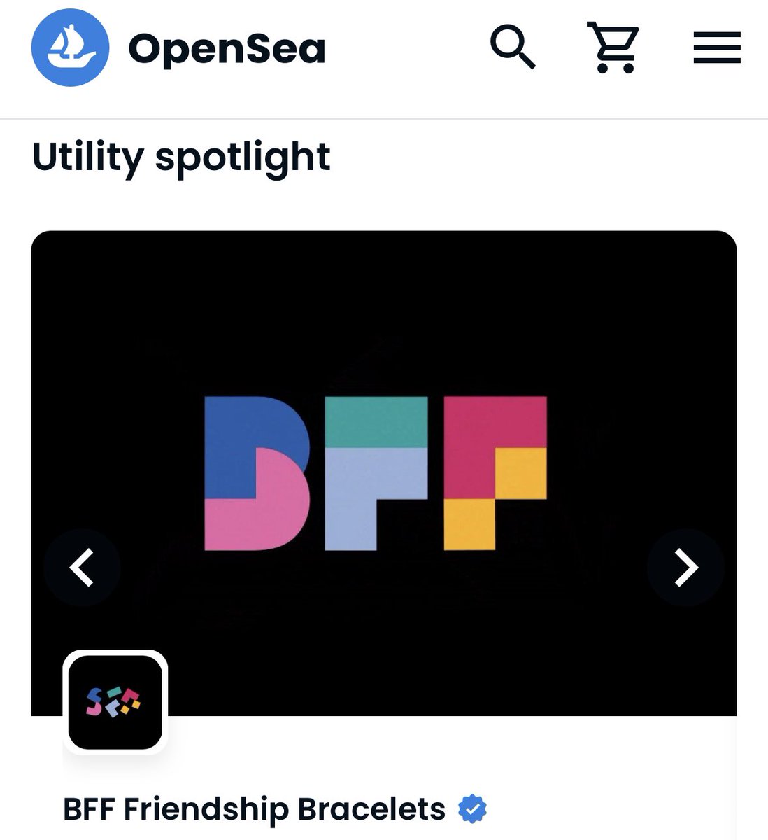 MyBFF's tweet photo. Hey, look at that! BFF gets the Utility Spotlight on the @opensea home page 🔦😎 https://t.co/0x5FuznDhB https://t.co/zUcKT0Rb8F