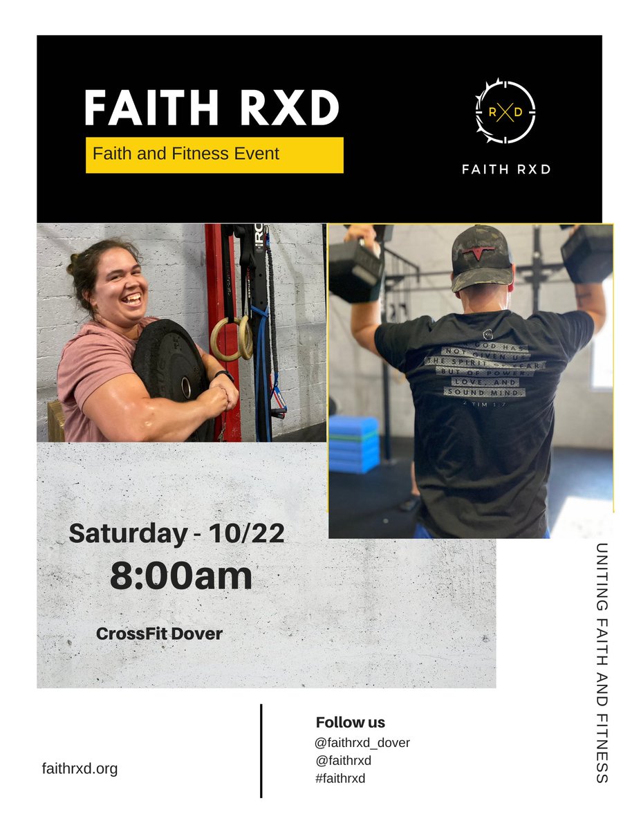 digger3210's tweet photo. If you are looking for a way to unite your fitness with your faith please join us Saturday, 10/22 at CrossFit Dover.

Anyone is welcome to join regardless of fitness or faith level.

Please reach out with any questions!

#CrossFit
#Delaware
#Fitness
#Faith
#Workout 
#FaithRXD https://t.co/VObnRRn8Oj