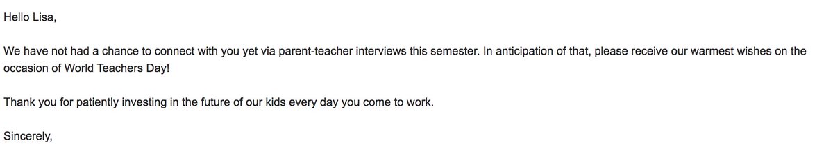 Ms_Rodopoulos's tweet photo. Receiving this email from one of my student's parents last night truly made my day. Relationships are important and parents are a key factor in our work with our students. 💙💛💜💚 #WorldTeachersDay2022 #BuildingRelationships #PartnershipsWithParents https://t.co/xbpg7huyYv