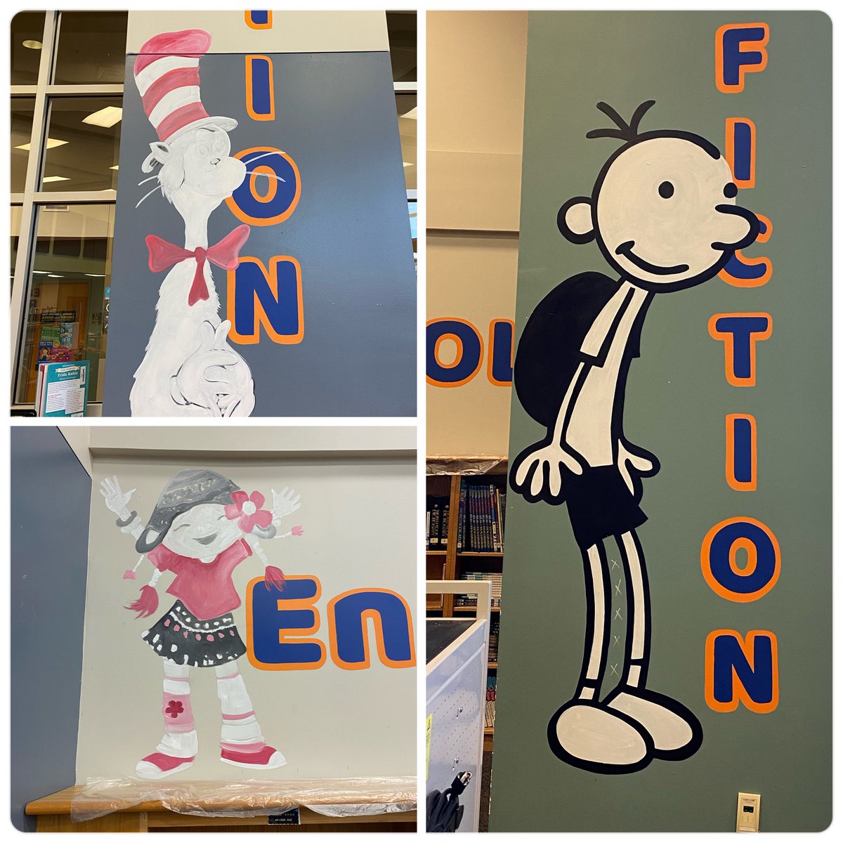 TBradleyMurals's tweet photo. And over at @HinesCaldwellES …I got the characters drawn up this morning &amp;  @ltmurals primed &amp; began adding the details. We are excited to paint a few of these “new to us” characters! 💙🧡💙 https://t.co/wqEtNRFnvR