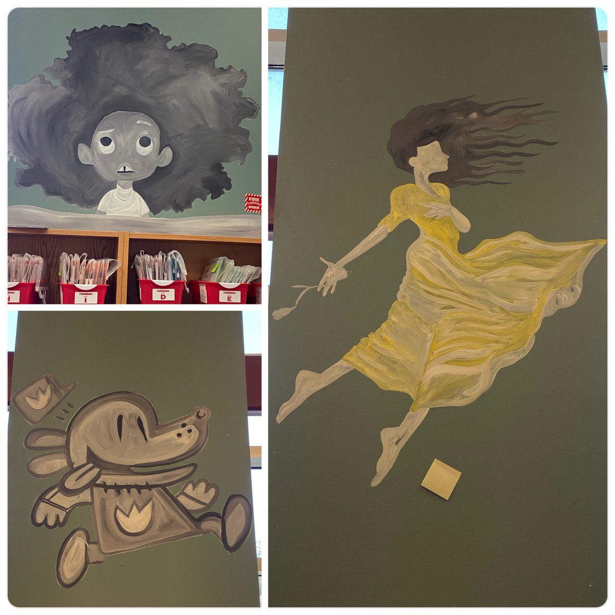 TBradleyMurals's tweet photo. And over at @HinesCaldwellES …I got the characters drawn up this morning &amp;  @ltmurals primed &amp; began adding the details. We are excited to paint a few of these “new to us” characters! 💙🧡💙 https://t.co/wqEtNRFnvR