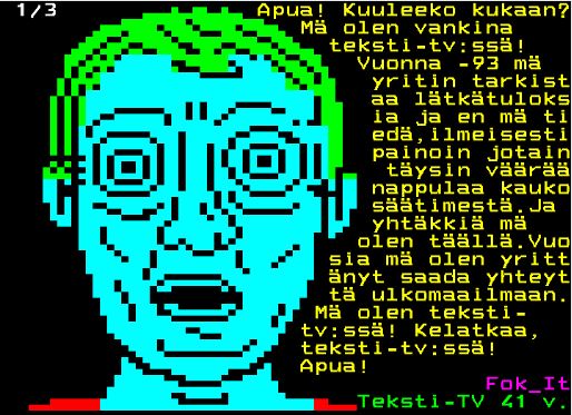ttvmatti's tweet photo. #tekstitv-syntymäpäivän @fok_it-klassikko "Vankina Teksti-TV:ssä :D https://t.co/essuIshDBY #tekstitv41-päähakemisto 820 https://t.co/L1Ilbamf1J #pixelart #teletext #teletextart https://t.co/i2kNmIuxEj