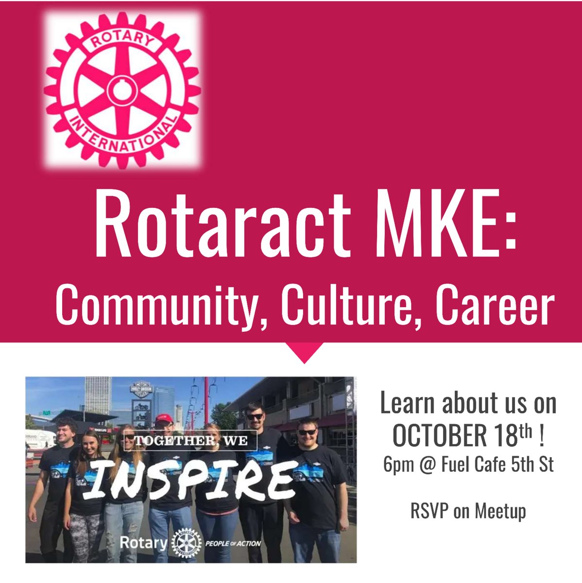 RotaractMKE's tweet photo. By the way, if you know any young leaders in the Milwaukee area community who may wish to be involved, send them our way!

We're having a session/social for newcomers on October 18th @ Fuel Cafe, starting at 6pm! https://t.co/8YExe3dfnK