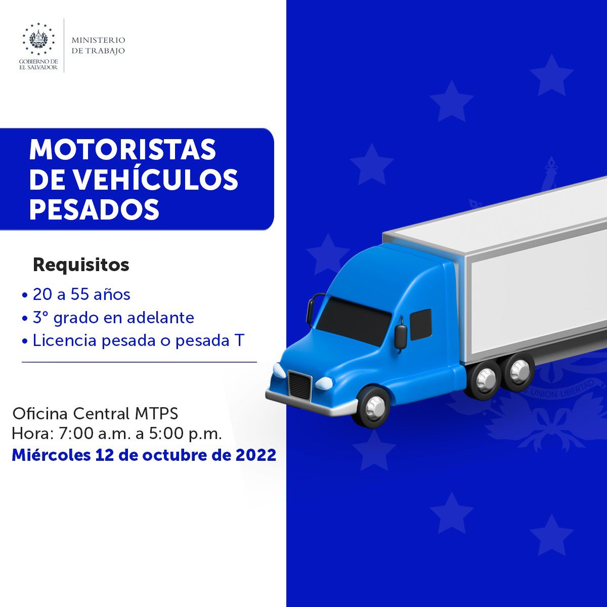 RolandoCastroSv's tweet photo. Convocatoria para el día miércoles 12 de octubre 2022 

De 7:am a 5: pm en las instalaciones del Ministerio de Trabajo oficina central

Motoristas con licencia pesada y pesada T ( vigente )

De 20 a 55 años 

Tercer grado en adelante 

Salarios de $ 500 a $ 1,500  mensuales https://t.co/7MBPWpOwlb