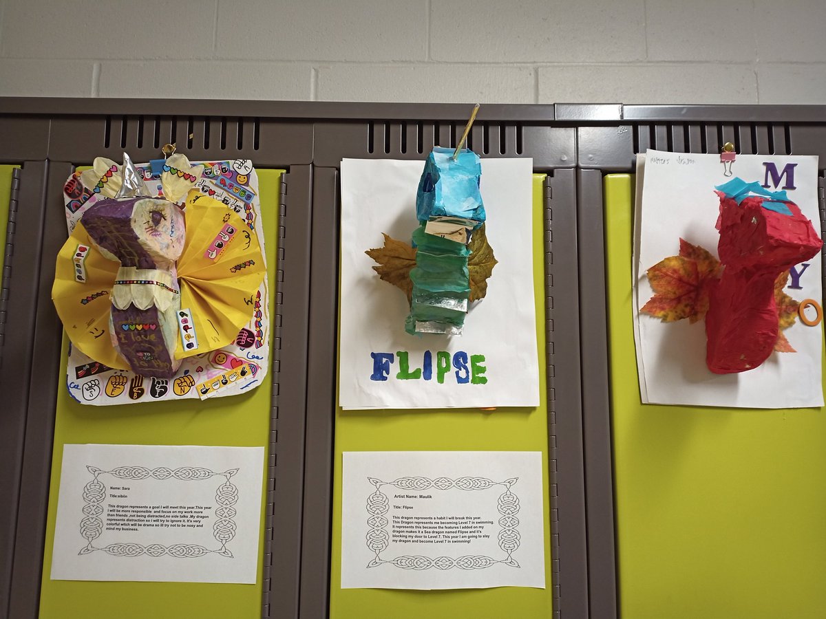 ArcandjMs's tweet photo. Dragons to show what habits we want to break and what goals we want to aim for (we called it "metaphorical dragons to slay or display") I love how the art matches the personality of the artist @ddwhdsb @HDSBLiteracy @HDSB_TheShift https://t.co/MLnqCyLH0Q