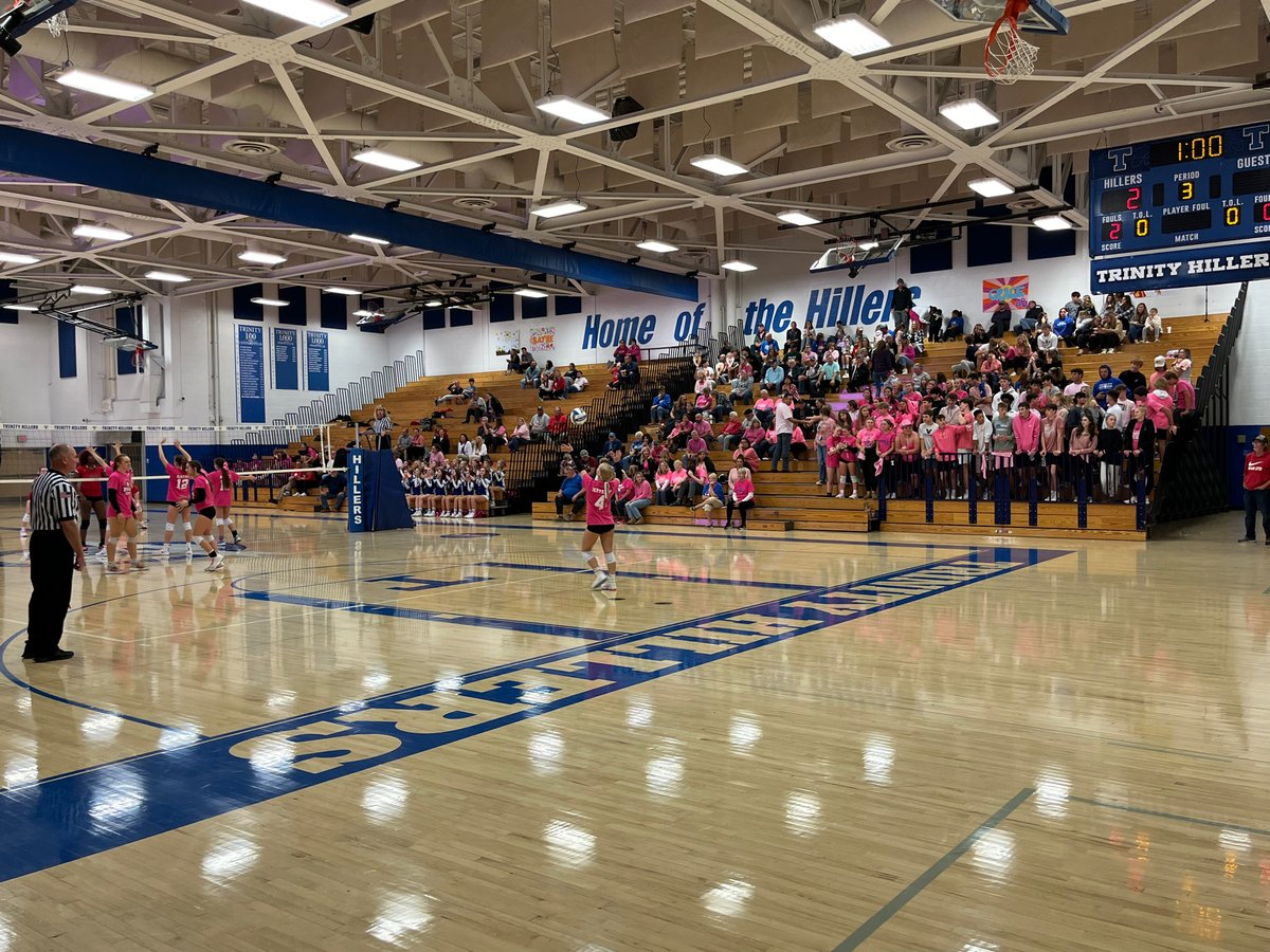 Girls Volleyball- Trinity sweeps West Allegheny 3-0 on a successful Pink Out Night benefiting Elana’s Blessings! Great support from our cheerleaders and the <a href="/hillerhooliganz/">HILLER HOOLIGANS</a>