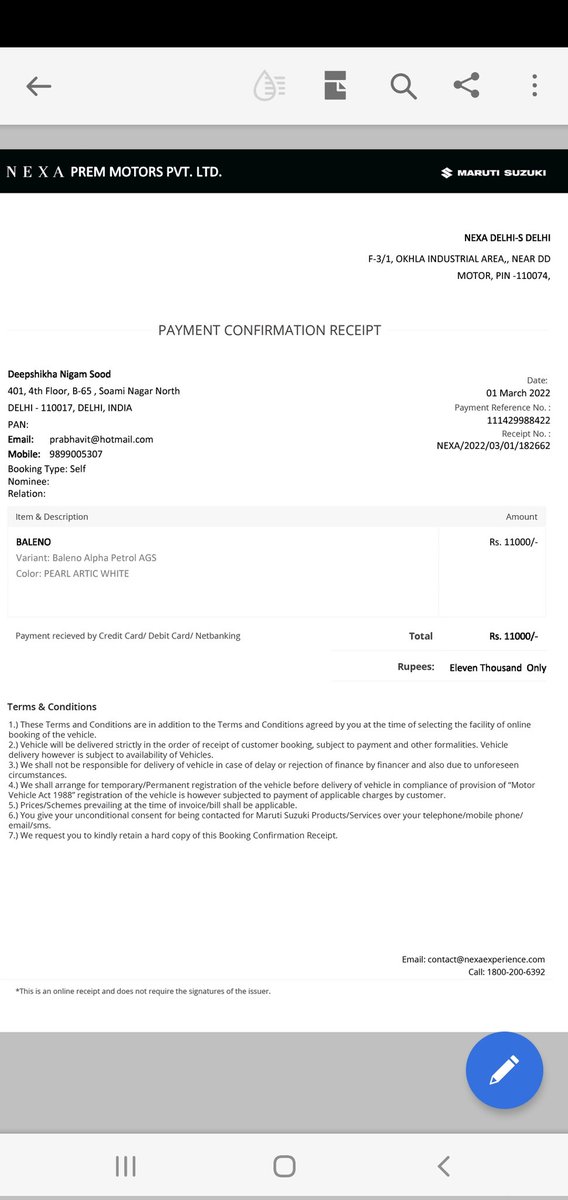 Prabhavit's tweet photo. @NexaExperience @Maruti_Corp Dear Maruti Nexa Prem Motors and Maruti Nexa Company, we are still awaiting the refund of Rs. 11000/- paid for booking Maruti Baleno Alpha AGS which was canceled subsequently ( Reciept attached)
Date of Booking 01 March22
Date of cancelation 15 Jun22 https://t.co/wn7RnpzBJL