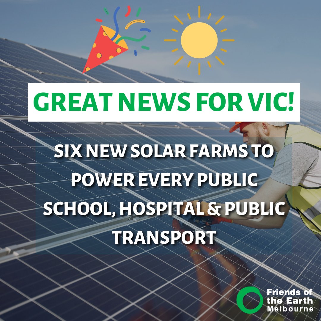 Yes2Renewables's tweet photo. GOOD NEWS: Vic is taking another step towards 100% Renewables today:
- 6 new solar farms to power every public school, hospital + PT
- 4 big batteries to back it up
- 920 new jobs + 290 apprenticeships
It's a win-win for climate and essential services #VicClimateSolutions https://t.co/vy7rh6do65