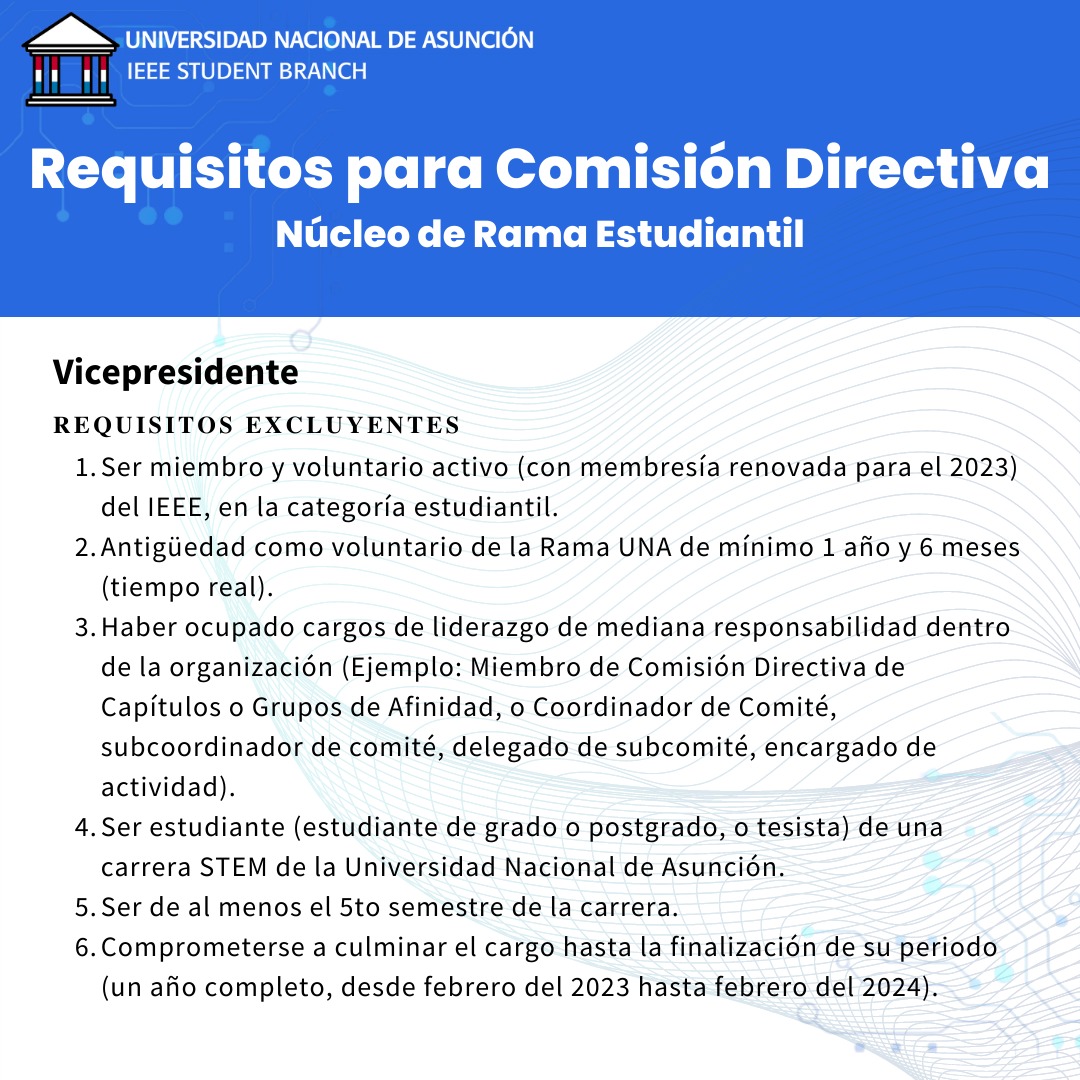 IEEEUNA's tweet photo. Atención Voluntarios/as 🤩

Estos son los Requisitos para  postulaciones a Comisiones Directivas del IEEE 📥

El periodo de recepción de postulaciones será del 12/10 al 19/10 📆

Si tenés interés en liderar alguno de ellos, te invitamos a postular 📢 https://t.co/CYsbvbOLpO