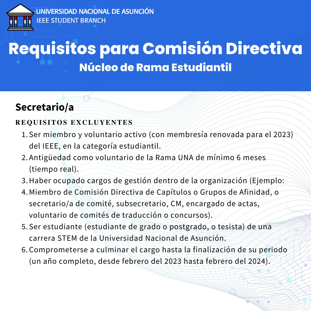 IEEEUNA's tweet photo. Atención Voluntarios/as 🤩

Estos son los Requisitos para  postulaciones a Comisiones Directivas del IEEE 📥

El periodo de recepción de postulaciones será del 12/10 al 19/10 📆

Si tenés interés en liderar alguno de ellos, te invitamos a postular 📢 https://t.co/CYsbvbOLpO