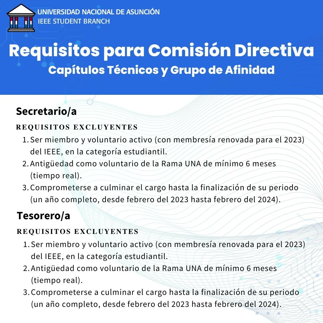 IEEEUNA's tweet photo. Atención Voluntarios/as 🤩

Estos son los Requisitos para  postulaciones a Comisiones Directivas de Capítulos Técnicos y Grupos de Afinidad 📥

El periodo de recepción de postulaciones será del 12/10 al 19/10 📆 https://t.co/y65QTHG5Wv
