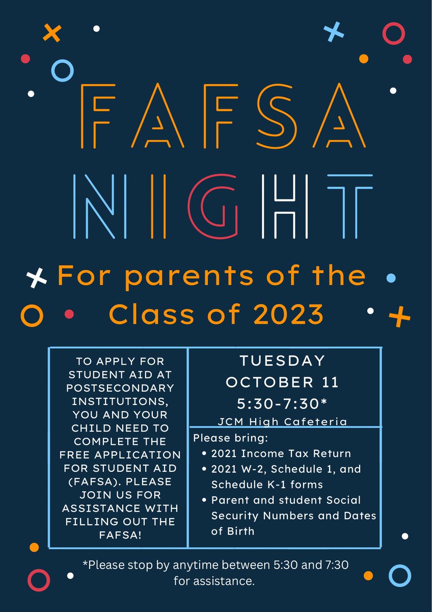 JCMCougars's tweet photo. #ClassOf2023, itโs #Fafsa Time! Join us on Tuesday for help completing this important document! And bring your parent or guardian! #Seniors #ItIsGettingReal @RamonicaD @ap_baker1 https://t.co/YpxEBzIhuF