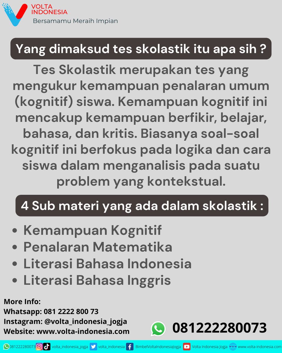 volta_indonesia's tweet photo. Tes skolastik itu apa sih??? Sudah sejauh mana persiapan skolastik kalian buat SNBT 2023 besok? Yuk belajar skolastik bersama BIMBEL VOLTA INDONESIA 🥰
#voltaindonesia #bersamamumeraihimpian #3SMA #Gapyear #SNBT2023 #utbksnbt2023 #bimbelmurahjogja #bimbelSMA #bimbelutbk https://t.co/7zNRTFlibo