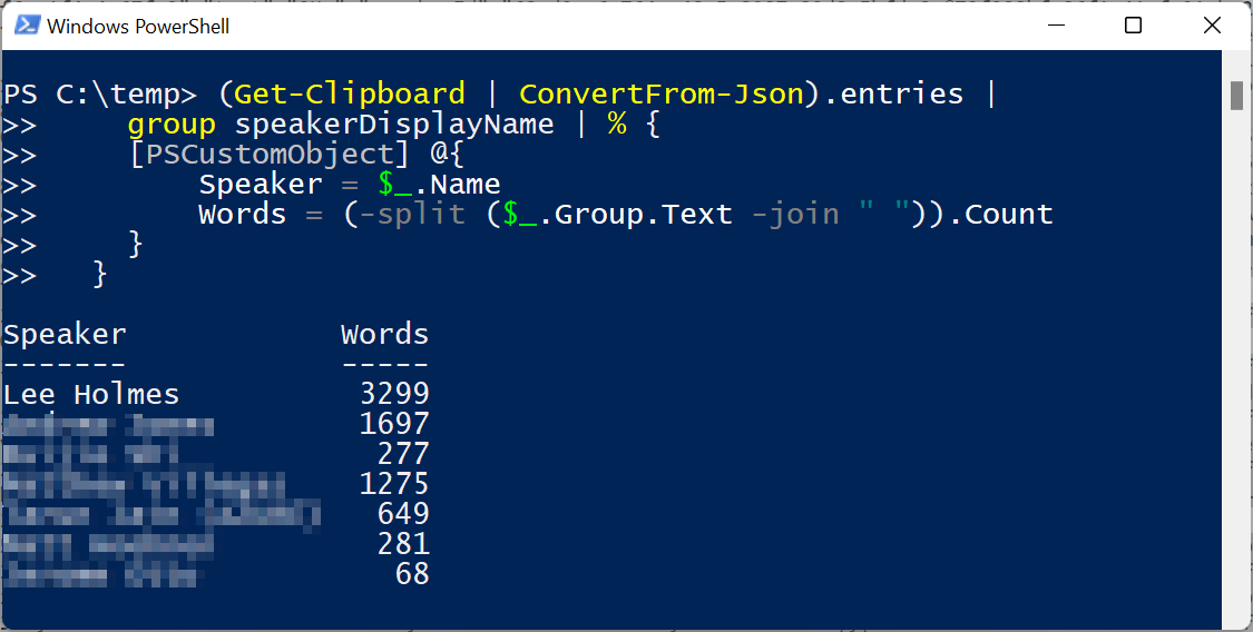 So cool! Recorded Teams meetings have a JSON version of the transcript. You can use PowerShell to find out if you're consuming all of the air in the room. Look for the 'streamContent?format=json' URL in the DevTools Network tab.