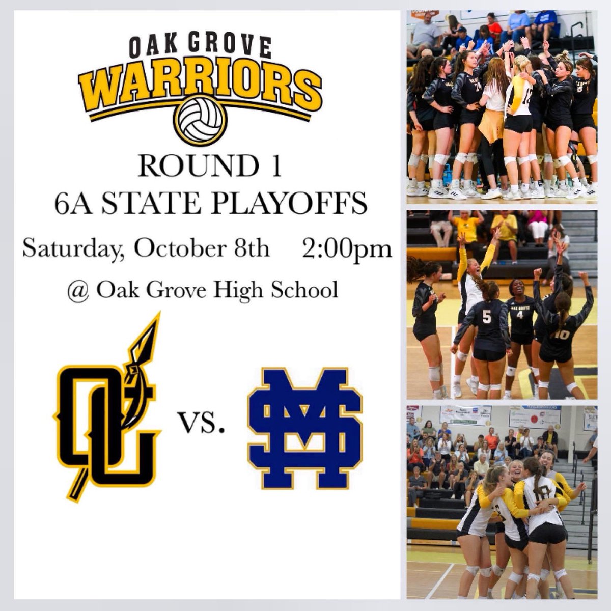 OakGroveVball's tweet photo. ‼️ Come out and have some fun with us at HOME on Saturday ‼️

Your Lady Warriors take on St. Martin at 2:00pm to kick off the first round of 6A state playoffs 🪶 https://t.co/eHFKwUKfMk