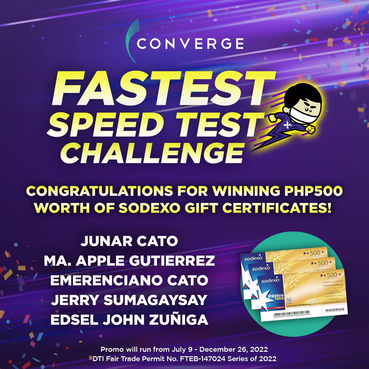 ExperienceCNVRG's tweet photo. CONGRATULATIONS to the lucky weekly winners of Php500 worth of Sodexo GCs from the #FastestSpeedtestChallenge! Make speed testing a daily habit! Mag-speedtest lang ngayon araw at baka ikaw na rin ang manalo.
See the complete mechanics at https://t.co/elzaQWUoM5. https://t.co/uW8PmuwxOR