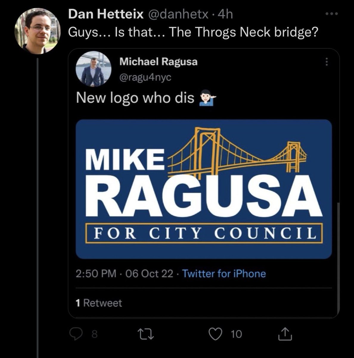 TheAmbroseLight's tweet photo. Local City Council hopeful Mike Ragusa: "The bridge in my new logo was not intended to be the Verrazzano. It represents a totally different iconic suspension bridge in Bay Ridge." https://t.co/rK6xeQ8Apj
