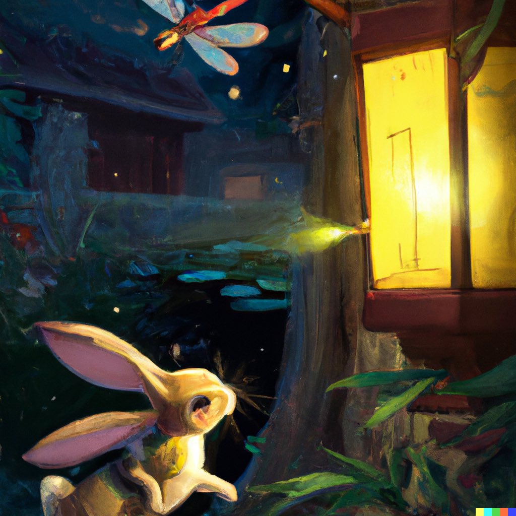 ADORABLE_DALL_E's tweet photo. "Rabbit and dragonfly lighting a lantern, digital art" #dalle2 https://t.co/sjDuNJy7ju