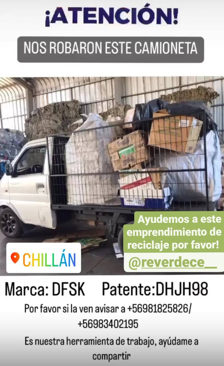 _MarioRivas's tweet photo. ⚠️ Se busca camioneta robada de #Reverdece, un emprendimiento de Reciclaje de #Chillán ♻️
Por favor contactarles si saben información, y se agradece compartir 🙌 https://t.co/AzHoOsYmnn