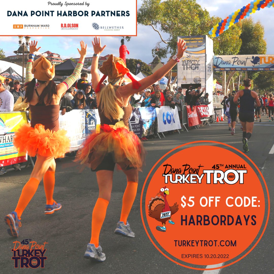 TurkeyTrot's tweet photo. Save $5 with promo code 𝗛𝗔𝗥𝗕𝗢𝗥𝗗𝗔𝗬𝗦 courtesy of our sponsor @DanaPointHarbor 👏
⠀
Register ➡️ https://t.co/GlANnDi6mo
Code expires 10.20.22 at 11:55pm
•
•
#dpturkeytrot #turkeytrot #danapointturkeytrot #danapoint #danapointharbor #orangecounty https://t.co/Ctlrp7vp6x