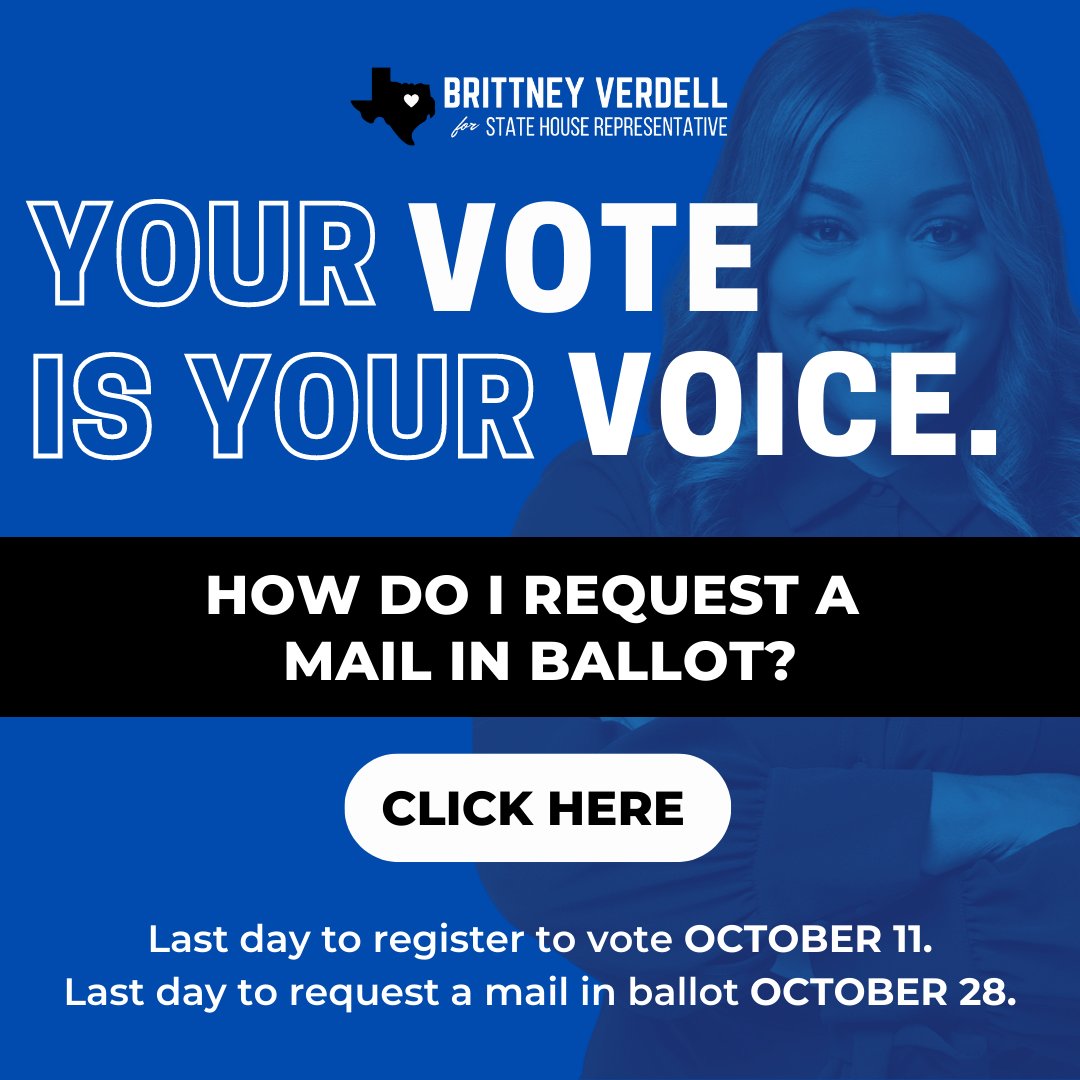 Are you eligible for a Mail-In Ballot? Request before OCT 28. Get more info at texasdemocrats.org/vote-by-mail

#brittney4texas #brittneyforhouse65 #dentoncounty #democrats #VoteBlue2022 #NASW #HD65 #RememberInNovember #Beto #GunSafety #BrittneyforDemocracy #txlege #Roevember