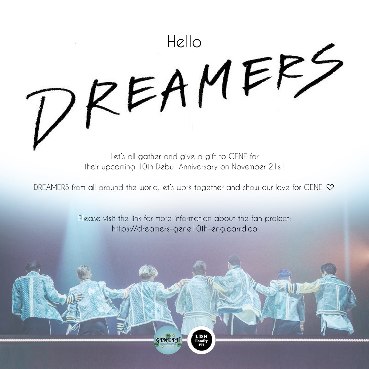GENEfextPH's tweet photo. Calling all DREAMERS from all around the world‼️ 📢🌏

Let's all gather and give a gift full of love to GENE for their 10th Debut Anniversary! 🫶

Please visit the link for more details:
🔗https://t.co/QgFwdPJn7y

#GENERATIONS 
#DREAMERS https://t.co/8ADSGLAaVu