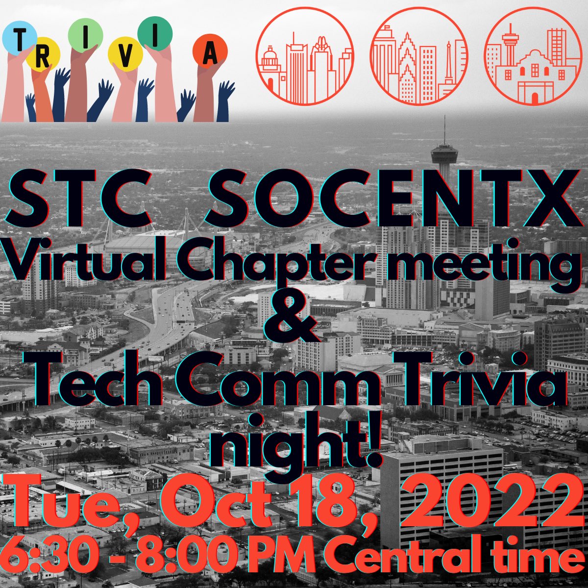 STC_SoCenTEX's tweet photo. STC South Central Texas chapter invites you to join our Virtual October Chapter Meeting and Tech Comm Trivia Night!
Join us for a fun, educational Virtual meetup with tech comm trivia!
Tue, October 18, 2022, 6:30 PM – 8:00 PM CDT
Register for FREE at https://t.co/is1cxBBRiv https://t.co/Aky4tmHA6m