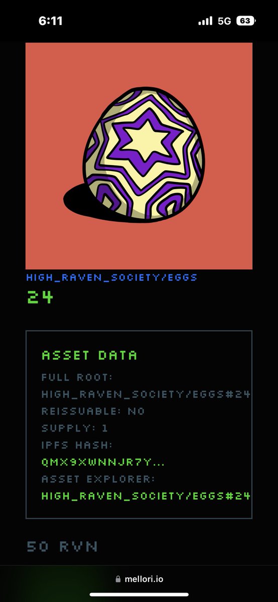 Just picked up this <a href="/highravensoc/">High Raven Society 🅁🅅🄽</a> egg for 50 $RVN on <a href="/mellorimarket/">Mellori Market 🅁🅅🄽</a>! Can’t wait to see what hatches! #Ravencoin𓄿 #NFTs