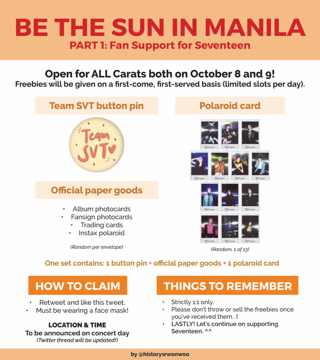 historywwonwoo's tweet photo. #BETHESUNinMNL #BeTheSuninManila

✨Freebies for ALL Carats✨

PT. 1: For Seventeen
- button pin, official paper goods, polaroid

PT. 2: For Wonwoo
- banner, sticker, polaroid

Available on both Oct. 8 &amp; 9 (limited quantity per day). Check images for details. 

See you all! 😁💎 https://t.co/bsr7cQN8ie