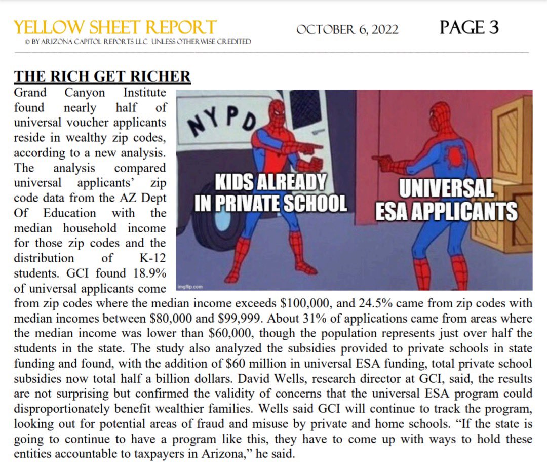arizona_sos's tweet photo. Unsurprisingly, the wealthy will use universal ESA vouchers to subsidize private schools — at the expense of 1M AZ public school students. That’s not “school choice,” it’s highway robbery. https://t.co/upCOqg2Eze