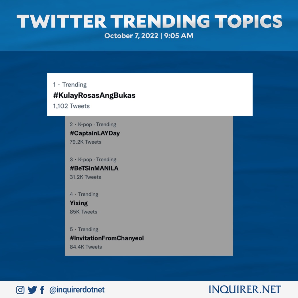 inquirerdotnet's tweet photo. 'BUONG-BUO ANG LOOB KO'

LOOK: The hashtag #KulayRosasAngBukas tops Phillippine Twitter trends today, Oct. 7, a year after then Vice President Leni Robredo announced that she is running for the presidency in the 2022 national elections.

RELATED STORY: https://t.co/BKvtElhzEq https://t.co/Ej7aUxbVlF
