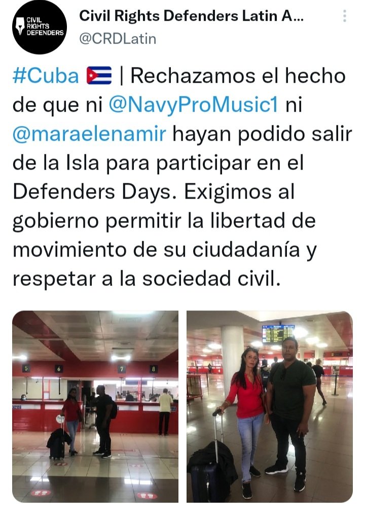 integracioncir's tweet photo. Nuevamente se viola el derecho de salida del país @maraelenamir y @NavyProMusic1 los cuales se disponía  a participar de la Asamblea #DefenderDay en la ciudad de Stockholmo.
@CubaTransicion @diariodecuba @DESCA_CIDH @RELE_CIDH @cuestamorua @madrazolunacir @ODE_Cuba https://t.co/Q652kc2ztb